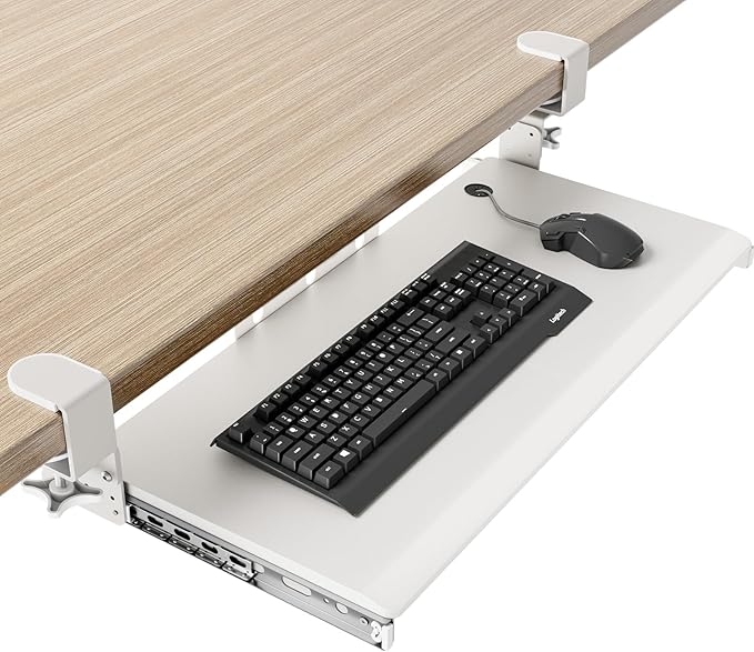 AX WABER Keyboard Tray Under Desk Pull Out with Extra Sturdy C Clamp Mount System, 27.3 (32.5 inch Including Clamps) x 11 Inch Slide-Out Platform Computer Drawer for Typing White AX01WW01 by 1