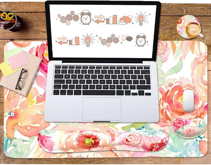 Large Mouse Pad Set, Cute Extended Mouse Pad+Keyboard Wrist Rest Support Desk Pad Memory Foam Ergonomic Easy Typing, 35.4×15.7 in Desk Mat Set for Home Office Study Game - Flowers - Image 5