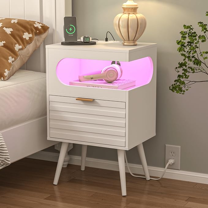 Veegle Nightstand,Modern Bedside Table with Storage Drawer and Open Wood Shelf, Accent Night Stand with Solid Wood Legs for Living Room, Bedroom and Small Spaces,Easy Assembly (White-1) by Unknown