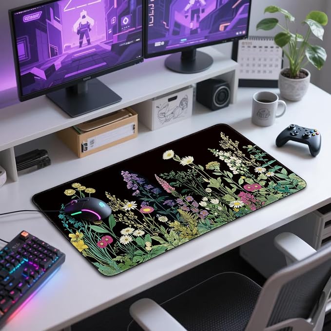 Wildflower Black Large Gaming Mouse Pad Desk Mat 31.5"x15.7" | Extended Mousepad, Non-Slip Rubber Base , Stitched Edges, for Computer/Laptop/Office/Home - Image 7