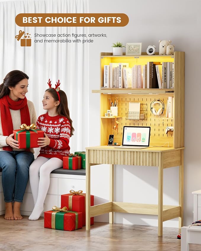 HNEBC Natural Computer Desk - with Power Outlets & Chariging Station,Small Writing Desk with Hutch and Drawers,66.3''H Office Desk with Pull-Out LED Lights,Pop-up Glass Door,Pegboards,Bedroom - Image 8