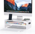 BONTEC Wooden Monitor Stand Riser for Desk, 2-Tier Computer Monitor Stand | 66 lbs Desk Shelf Organizer with Storage, Laptop & Printer Stand with Phone Holder and Cable Management, White, 16.5 Inch by BONTEC
