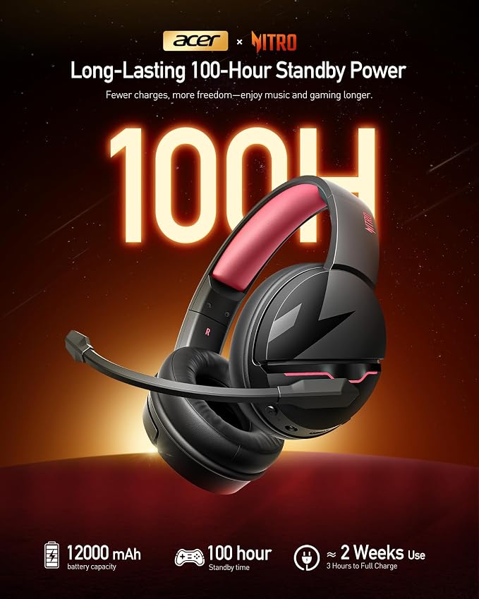 Acer Wireless Gaming Headset, PS5 Headset with 2.4GHz for Ps5, Ps4, PC, Switch, Bluetooth 5.3 + 100Hrs Gaming Headphones with Noise Canceling Mic for Laptop, Mobile, Mac, 50mm Drivers (Blackpink) - Image 2
