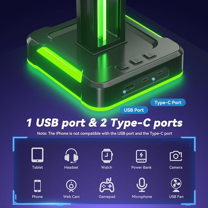 KDD RGB Gaming Headphone and Controller Stand with 2 Type-C and 1 USB Ports | Headset Stand with 9 Light Modes, Headset Holder for Desk, Controller Headphone Holder, For Gift PC Gaming Room Accessories - Image 3
