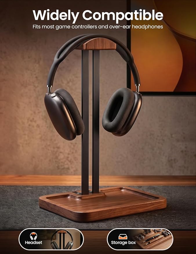 LOXP Wooden Headphone Holder, Solid Stand with Non-Slip and Storage Base | Anti-Rust Gravity Arm, Hardwood Earphone Hanger for Desk, Universal Fit for Gaming Headsets, Studio Headphones - Image 4