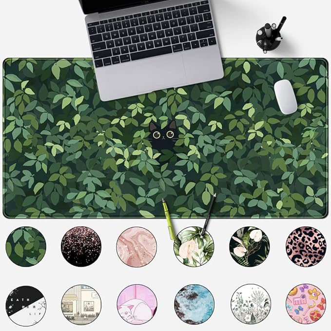 Cute Cat Desk Mat Kawaii Green Desk Pad - Large Gaming Mouse Pad Laptop Mat | Desk Pad Large Anime Gaming Mouse Pad for Desk Computer Office Keyboard Laptop 31.5x15.7 in - Non-Slip Base, Stitched Edges - Image 2