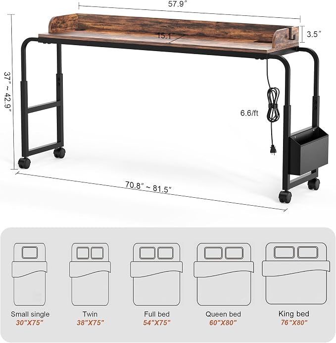 Overbed Table with Wheels, Mobile Bed Table with Adjustable Height Length, Desk for Bed Queen King Size with Charging Station and LED Light, Rolling Table for Eating, Laptops, Hospitals - Image 2