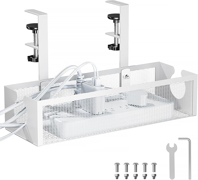 YECAYE No-Drill Metal Under Desk Cable Management Tray, Power Strip & Cable Organizer for Home Office,Under Desk Storage,Organizer Tray,White by Yecaye