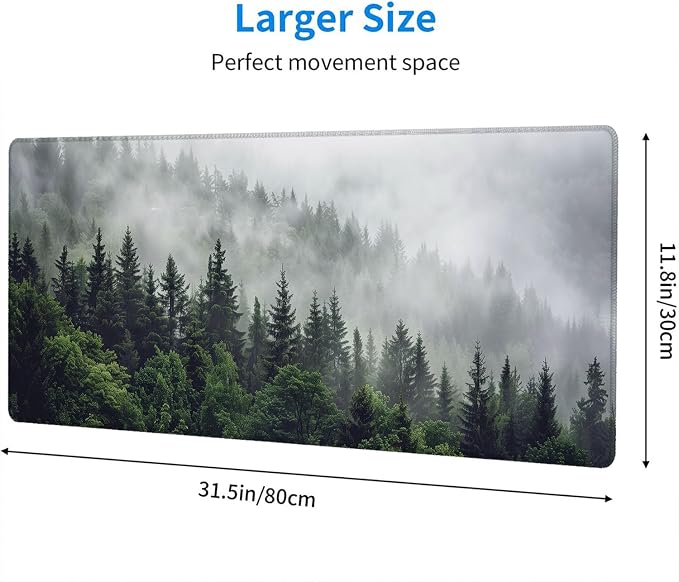 Misty Forest Gaming Mouse Pad Desk Pad Nature Fir Tree Woodland Large Gaming Mouse Mat with Stitched Edges,Non-Slip Waterproof Rubber Base Mous Mat Office Computer Keyboard Laptop Home 31.5"x11.8" - Image 2