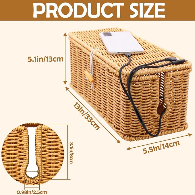 Cable Management Box, Handmade Rattan Cable Organizer Cord Basket - Image 2