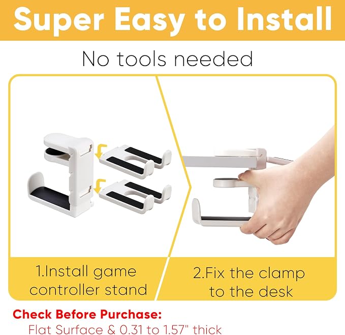 3-in-1 Under Desk Headphone Hanger with Adjustable Clamp Mount, 2 Controller Slots & 1 Headset Universal Holder Stand, Rotatable Hook Rack & Cable Organizer, for Home Gaming Xbox ps5 - White - Image 6