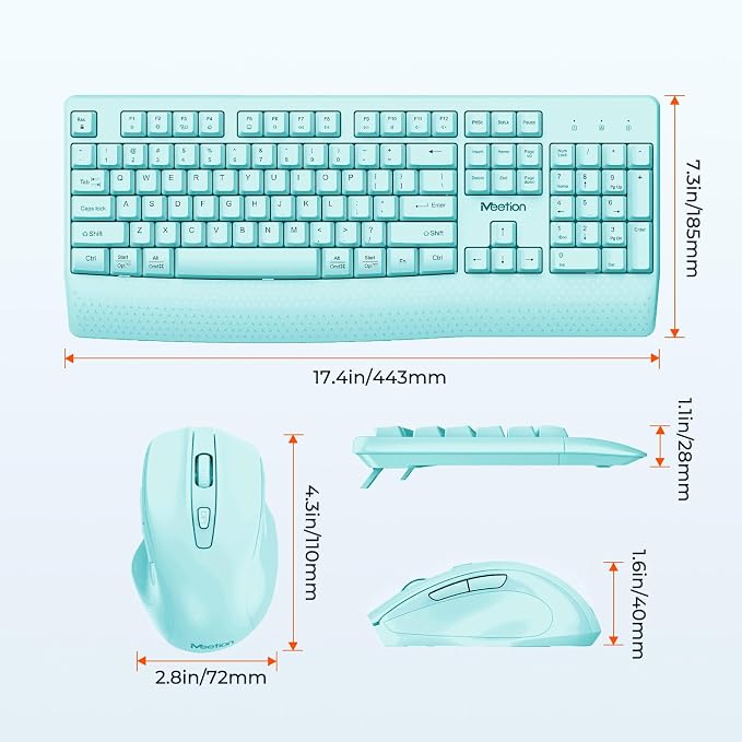 MEETION Wireless Keyboard and Mouse Combo, Full-Size with Wrist Rest, Blue - Image 4