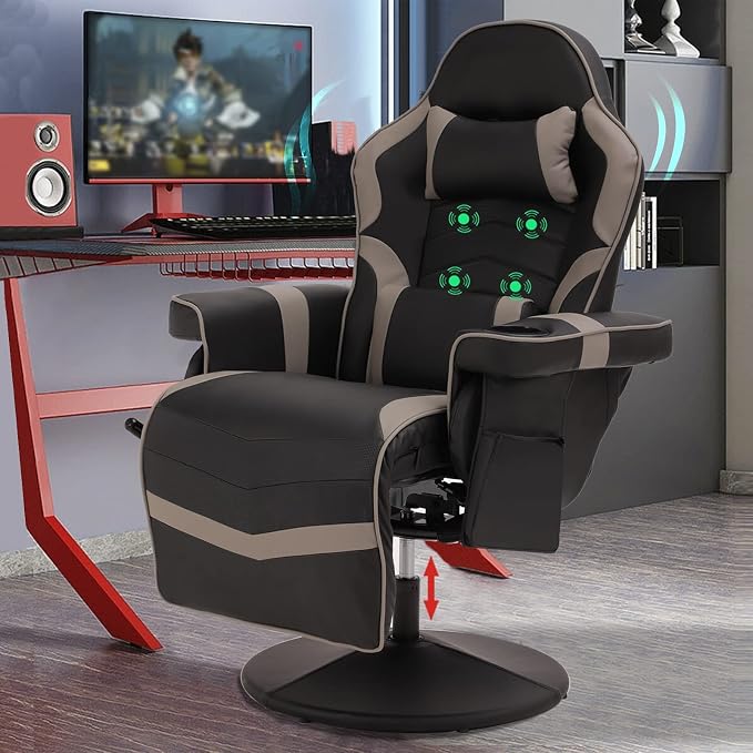 LVUYOYO Reclining Gaming Chair, Gaming Chair with Footrest and Massage, High Back PU Leather Gaming Recliner w/Adjustable Height, Swivel Game Chair with Lumbar Support, Cup Holder, Headrest - Image 3