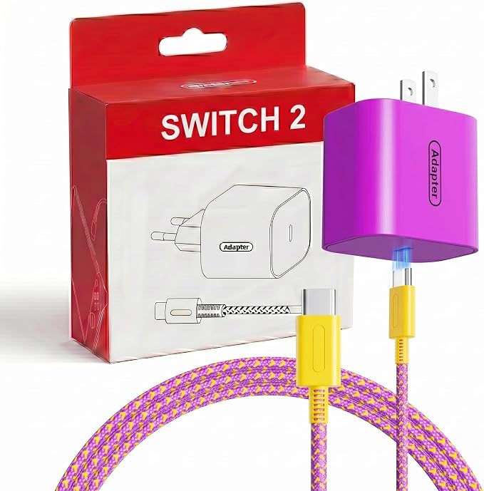 Switch 2 Fast Charger 60W - Vibrant Colors, 6.6FT Type-C Power Supply Adapter for Switch 1/2/OLED/Lite, Steam Deck, Supports 4K TV Dock Mode (20V/3A) (Purple & Orange) by TPC