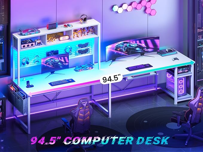 SEDETA White L Shaped Gaming Desk with Hutch, Power Outlet and Pegboard | Reversible 94.5" Computer Desk Two Person Desk, Corner Desk with Storage Shelf Keyboard Tray and LED Lights for Home Office - Image 3