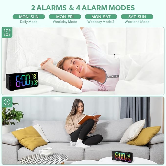 Digital Alarm Clocks for Bedrooms, RGB Desk Clock with 15 Color Display, Date Temperature and Weekday, DST, Snooze, 2 Alarms, Ambient Lighting for Living Room, Bedside Office Gaming Desk Decor - Image 5