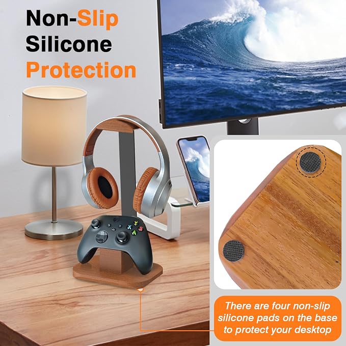 Walnut Headphone and Controller Stand, Desk Gaming Equipment Wooden Headset Controller Holder, Earphone Hook for Game Room Desktop PC Accessories, Gamer Gifts - Image 6
