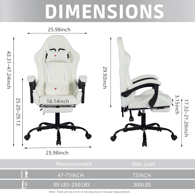 Fabric Gaming Chair for Adults, Ergonomic Computer Office Desk Chair with Footrest,Pocket Spring Cushion, Reclining High Back Silla Gamer for Home Office, White - Image 2