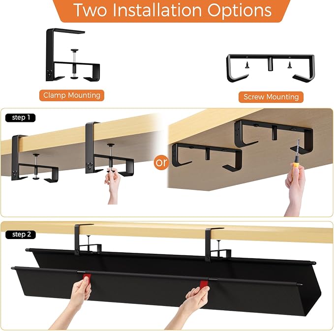 Under Desk Cable Management Tray, 48" Fabric Wire Cord Organizer, Black - Image 7