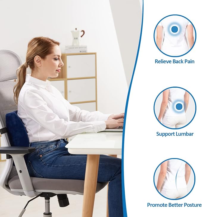 SAIREIDER Office Chair Lumbar Pillow, Memory Foam Back Support Pillows for Car、Gaming Chair、 Home Chair, Fatigue Relief Correct Posture, Double Adjustable Straps(Navy Blue) - Image 3