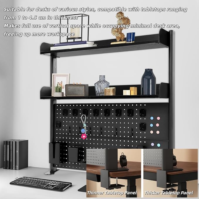 Clamp on Desk Pegboard, 39.4" W x 37.4" H Desk Extender Pegboard Bookshelf Computer Desk Accessories with Shelf for Tool Organizer Office, Privacy Panel for Gaming Desk, Black - Image 6