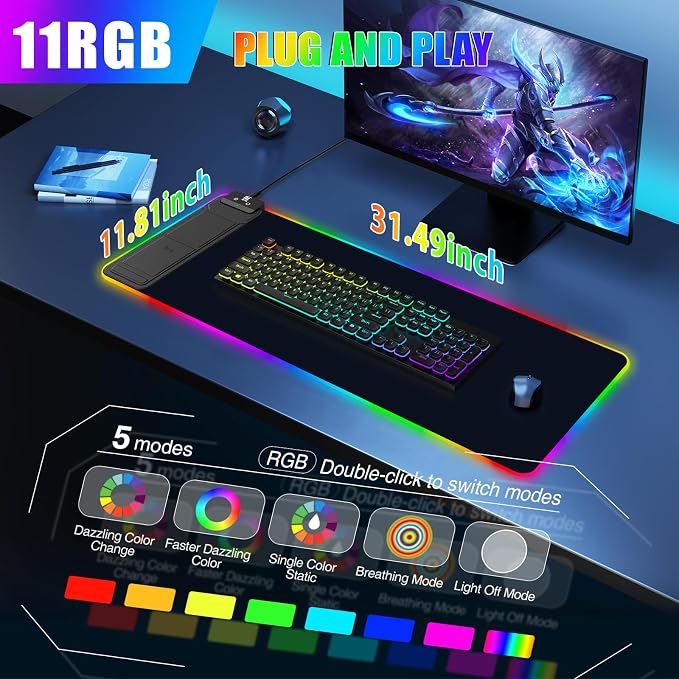 Mouse Pad with Foldable Phone Holder & Wireless Charger, XL RGB Gaming Mousepad 31.5"x11.8" Large Desk Mat for Keyboard, Home Desk Pad with Dual Qi Charging Station | 11 Colors & 5 Modes | Waterproof - Image 3
