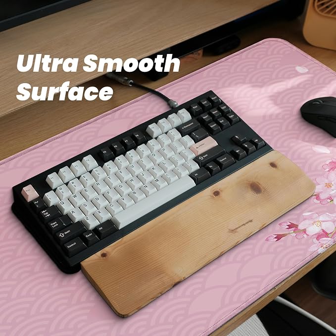 Gaming Mouse Pad with Anti-Slip Rubber Base, Extended Large Computer Mouse Mat with Stitched Edges, Long XL Anime Mousepad for Laptop and Keyboard, 31.5 x 11.8 inch (Pink Cherry Blossom) - Image 5