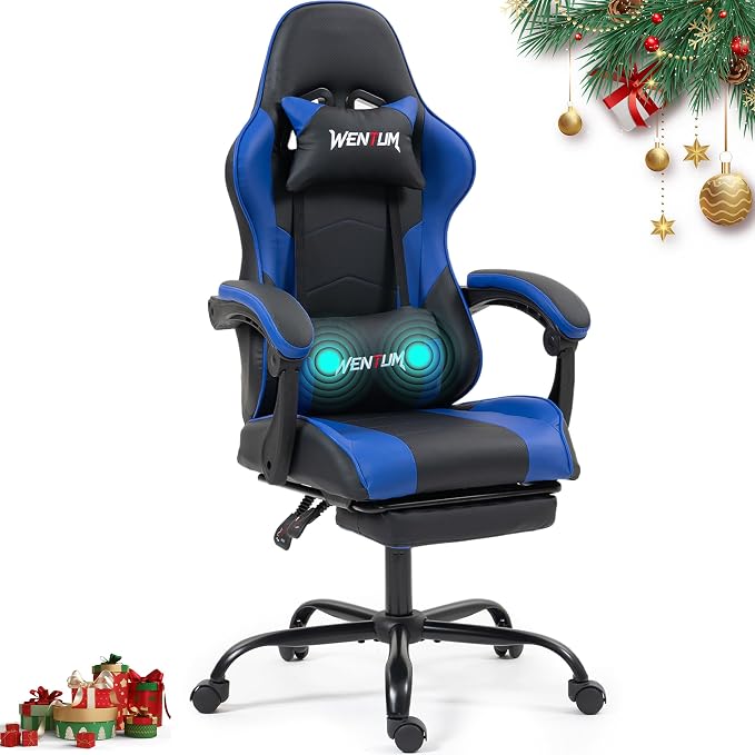 Gaming Chair with Footrest for Adults, PU Leather Massage Racing Video Game Chair with Lumbar Support for Men Women, Ergonomic Computer Gamer Chair for Home Office, Height Adjustable, Blue - Image 9