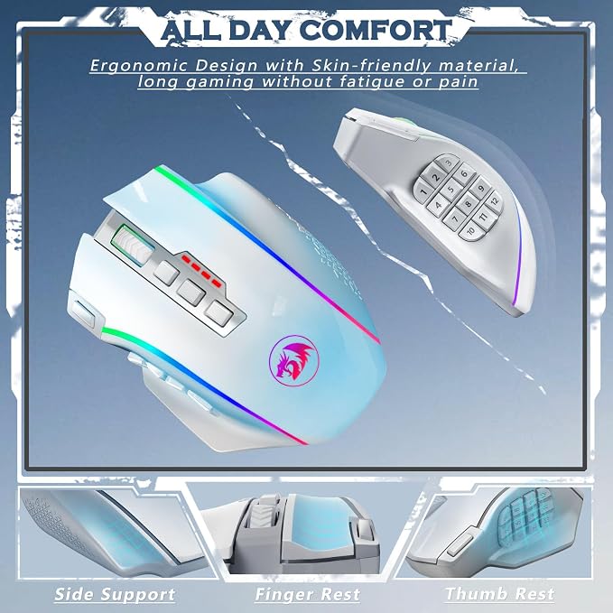 Redragon Wireless Gaming Mouse, MMO Gaming Mouse UP 16,000 DPI, 16 Macro Programmable Buttons, RGB Rechargeable Mouse with 12 Side Buttons, 70Hrs for PC Laptop MOBA FPS, White,M901P-WS - Image 7