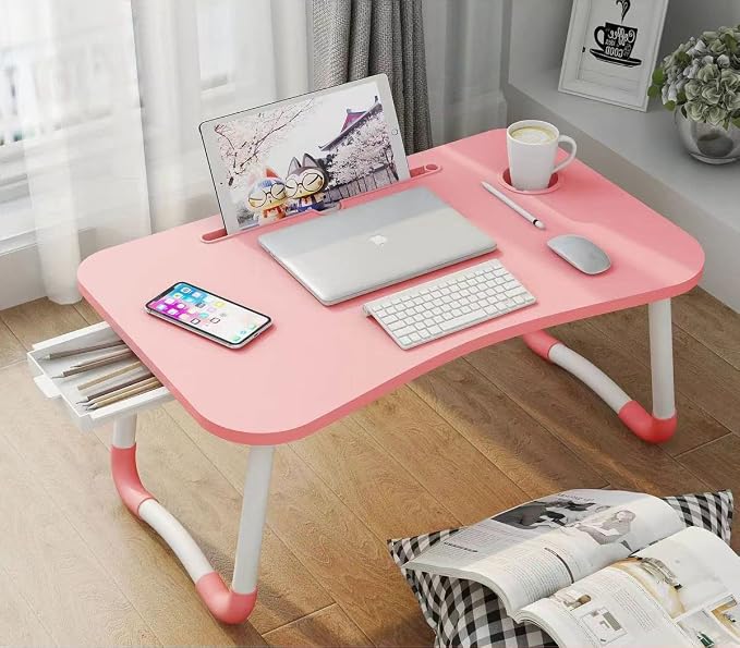Laptop Bed Table, Foldable Laptop Desk Bed Tray with Storage Drawer, Lap Desk TV Tray for Breakfast Serving, Notebook Stand Reading Holder with Phone Slot and Cup Holder for Sofa Couch Floor-Pink - Image 3