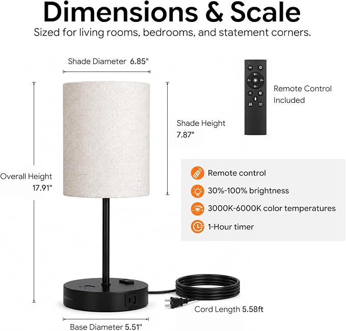 BySea Dimmable Desk Lamp with Clock, Remote, USB Ports, AC Outlet, Black - Image 3
