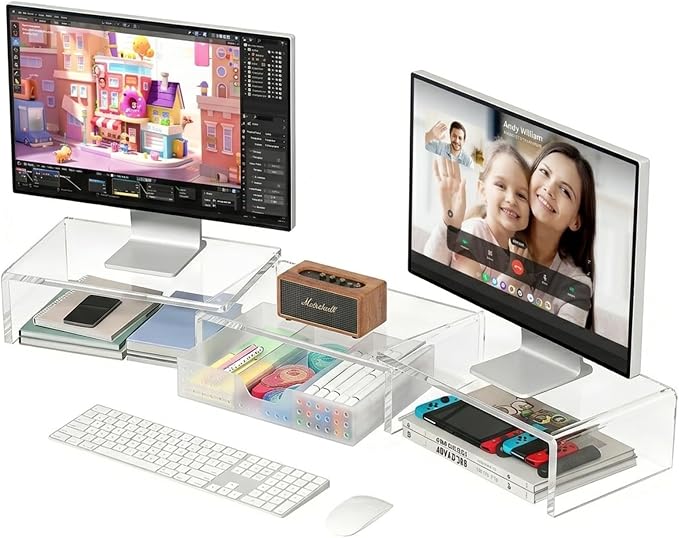 OPNICE Clear Acrylic Desk Organizers and Accessories, Dual Monitor Stand Riser with Drawer and 2 Pen Holders, Desk Shelf Computer Racks for Office Workspace Organizers, Desktop Organization (Transparent) by OPNICE