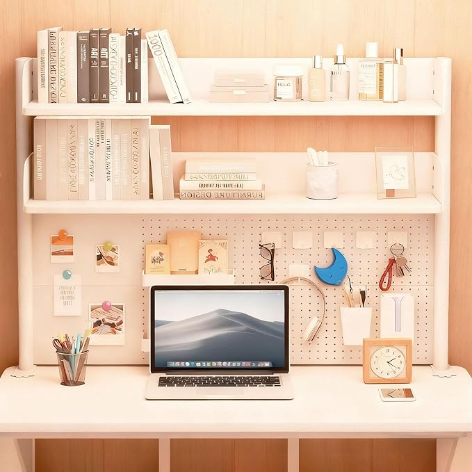 Clamp On Desk Shelf Organizer with Pegboard Desk Hutch Dorm with Storage Bookshelf Desk Top Organizer Shelf Multi-Purpose White & Black Desktop Shelves & Office Shelves (White, W - 31.5") - Image 3