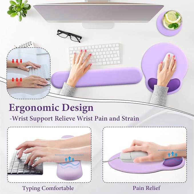 3 in 1 Ergonomic Mouse Pad and Keyboard Wrist Rest with Coaster Set-Purple - Image 2