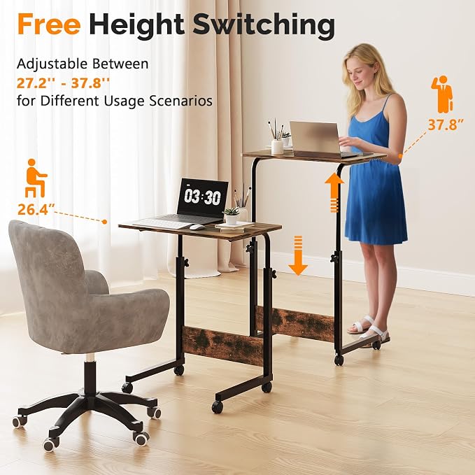 FCH Portable Computer Workstation, Standing Desk Adjustable Height, Small Computer Desk w/Rolling, Sit Stand Laptop Desk TV Tray for Bed Sofa Hospital Reading Eating, Rustic Brown, 23.6" - Image 4