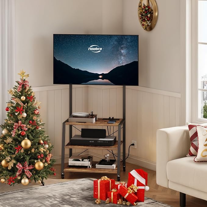 HOOBRO Rolling TV Stand with Mount and Power Outlet Up to 55 inch TV, Corner Entertainment Center, Small TV Stand with 3-Tier Storage Shelves for Living Room, Bedroom, Rustic Brown and Black BF66UDS01 by HOOBRO