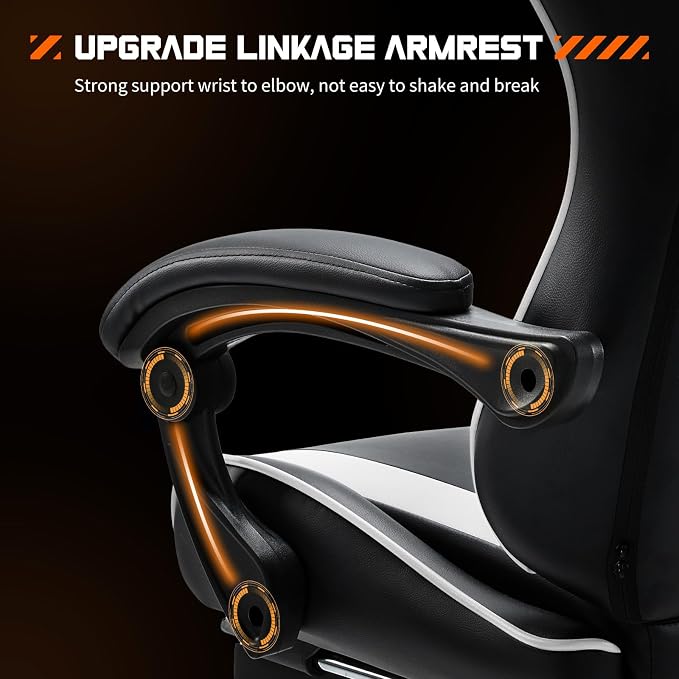 Sweetcrispy Gaming Chair, High Back Office Chair, Home Office | PU Leather Ergonomic, Adjustable Headrest Footrest, Linkage Armrest, Video Racing, White - Image 6