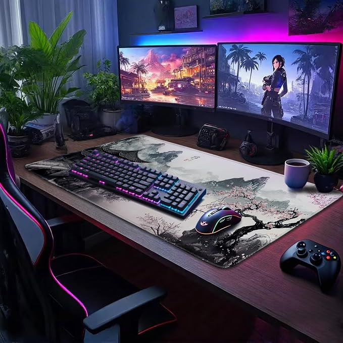 Japanese B&W Cherry Blossoms Gaming Mouse Pad Desk Mat 31.5"x15.7 | Extended Mousepad, Non-Slip Rubber Base , Stitched Edges, for Computer/Laptop/Office/Home - Image 3