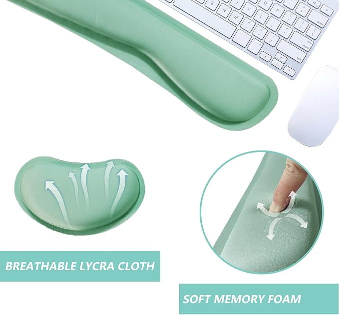 Keyboard Wrist Rest Mouse Wrist Support Set, Memory Foam Wrist Rest Pad for Computer Laptop Keyboard Mouse, Ergonomic Wrist Cushion Support for Typing Pain Relief, Gaming Home Office, Green - Image 3