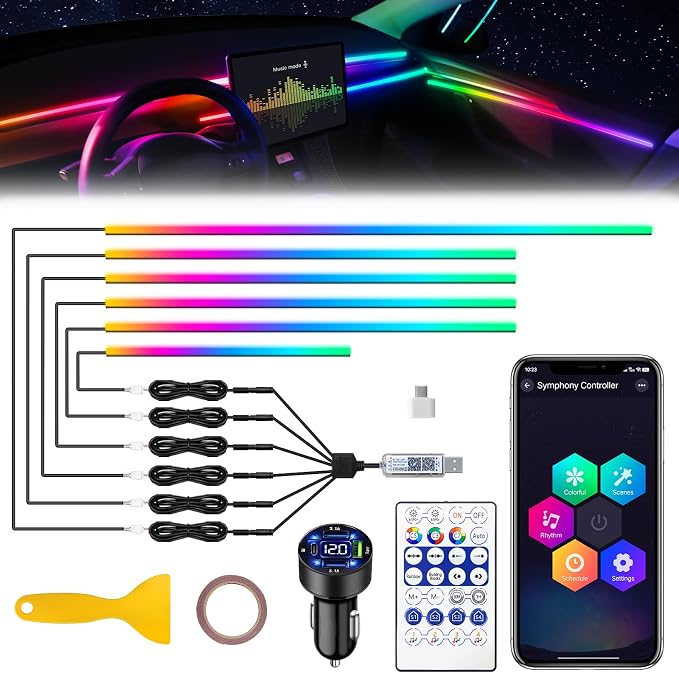 Dreamcolor Acrylic Interior Car LED Strip Light with USB/Type C/4-Port Cigarette Lighter,RGB 6 in 1 with 187 inches 650 LEDs Ambient Lighting Kits, Sound Active Function Neon Led Strips for Car by MAODANER