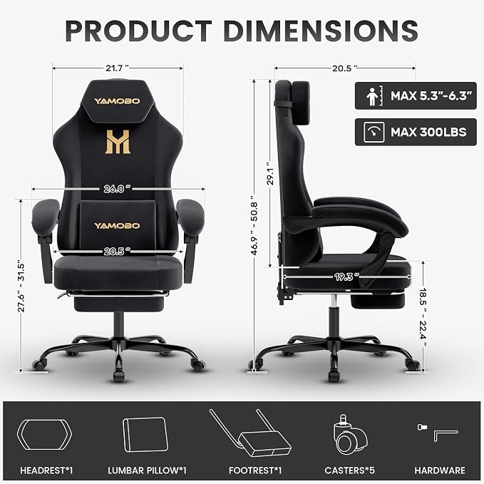 Gaming Chair with Footrest, Game Chair with Lumbar and Headrest Massage Support for Adults, Ergonomic Fabric High Back Computer Desk Gamer Chair with 360°Swivel Wheels for Office, Black - Image 3