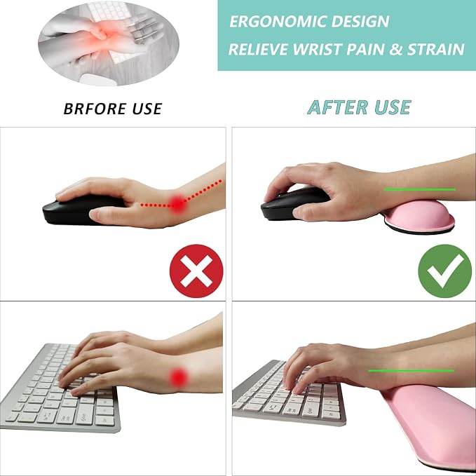 Keyboard Wrist Rest Mouse Wrist Support Set, Memory Foam Wrist Rest Pad for Computer Laptop Keyboard Mouse, Ergonomic Wrist Cushion Support for Typing Pain Relief, Gaming Home Office, Pink - Image 2