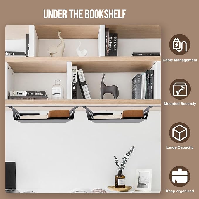 2 Pack Under Desk Shelf - Under Desk Storage Shelf Metals,Under Desk Organizer - Black Under Shelf Storage for Office Tables & Workstations（11 Inch） - Image 3
