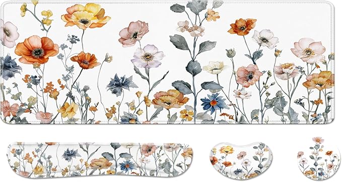 Desk Pad and Keyboard Wrist Rest, Large Mouse Pad + Keyboard Pad+Mouse Wrist Support, Non-Slip Desk Mat Protector for Office, Home 31.5×11.8 Inches Cute Floral by AFUZLE