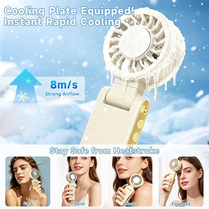Handheld Portable Turbo Fan with Ice Cooling,5 Speed Rechargeable LED Display Foldable Hand Held Personal Clip/Neck/Waist Fan,180°& 360° Adjustable,Pocket Mini Fan for Outdoor/Home/Office (Khaki) - Image 2