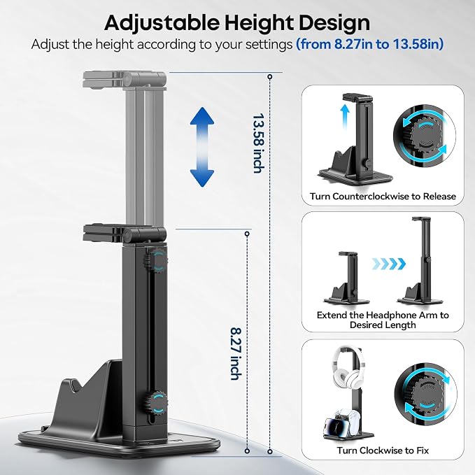 Height Adjustable Dual Headphone Stand, 360° Rotatable Gaming Headset Holder with Controller & Phone Stand, All-in-One Desk Organizer for PS5/Xbox/Switch Controllers/iPad, Desktop Game Accessories - Image 3