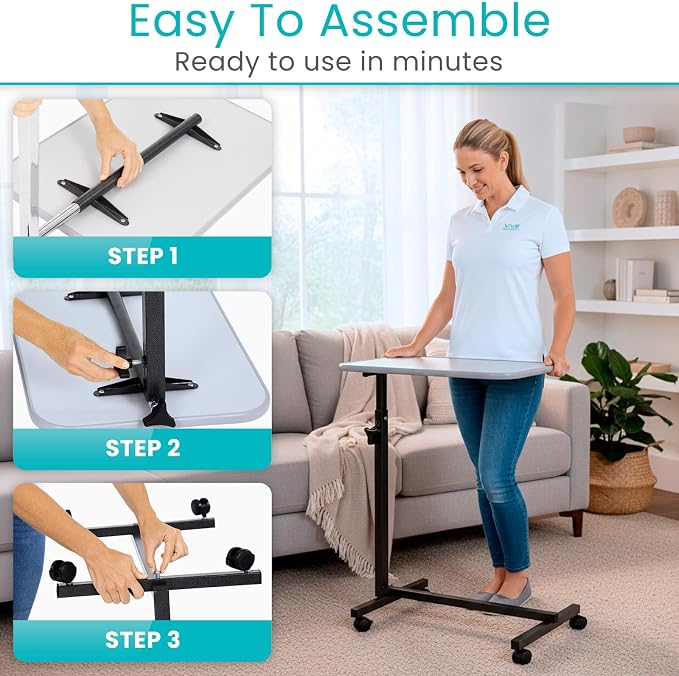 Vive Overbed Hospital Bed Table for Home Use - Adjustable Swivel Wheels - Image 9