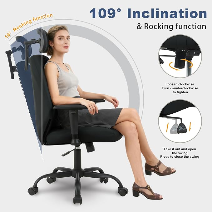 Symino Office Chair Ergonomic with 109° Rocking Function, Premium PU Leather, Integrated Lumbar Support, Adjustable Headrest & Armrests, Swivel Desk Chair - Image 4