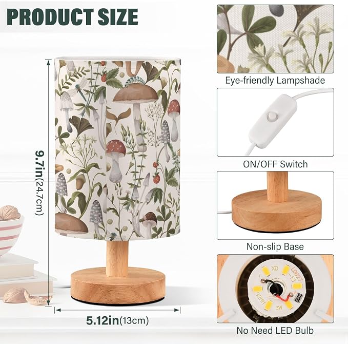 Bedside Table Lamp Mushrooms Nightstand Lamp with Wood Vintage Flower Leaves Desk Lamps for Bedroom Living Room Nursery Office Home Decor - Image 3