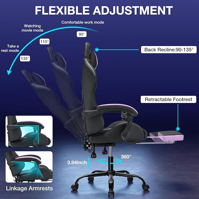 RGB Gaming Chair with LED Lights Massage Ergonomic Computer Chairs-Purple | High Back Video Game Chair with Footrest & Adjustable Lumbar Support Gamer Chairs for Adults Racing Style Recline - Image 8